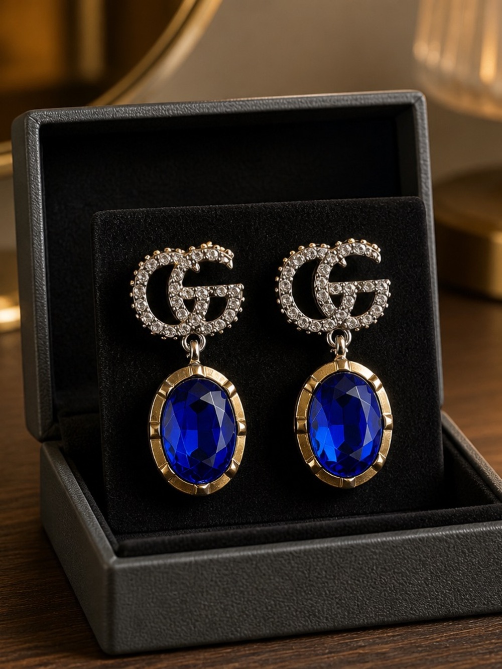 Gucci Gold-Tone Crystal GG Drop Earrings with Royal Blue Stones